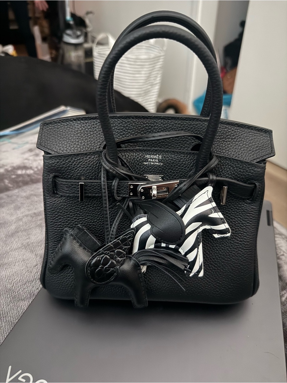 Black Togo Birkin Bag with Zebra Charm
